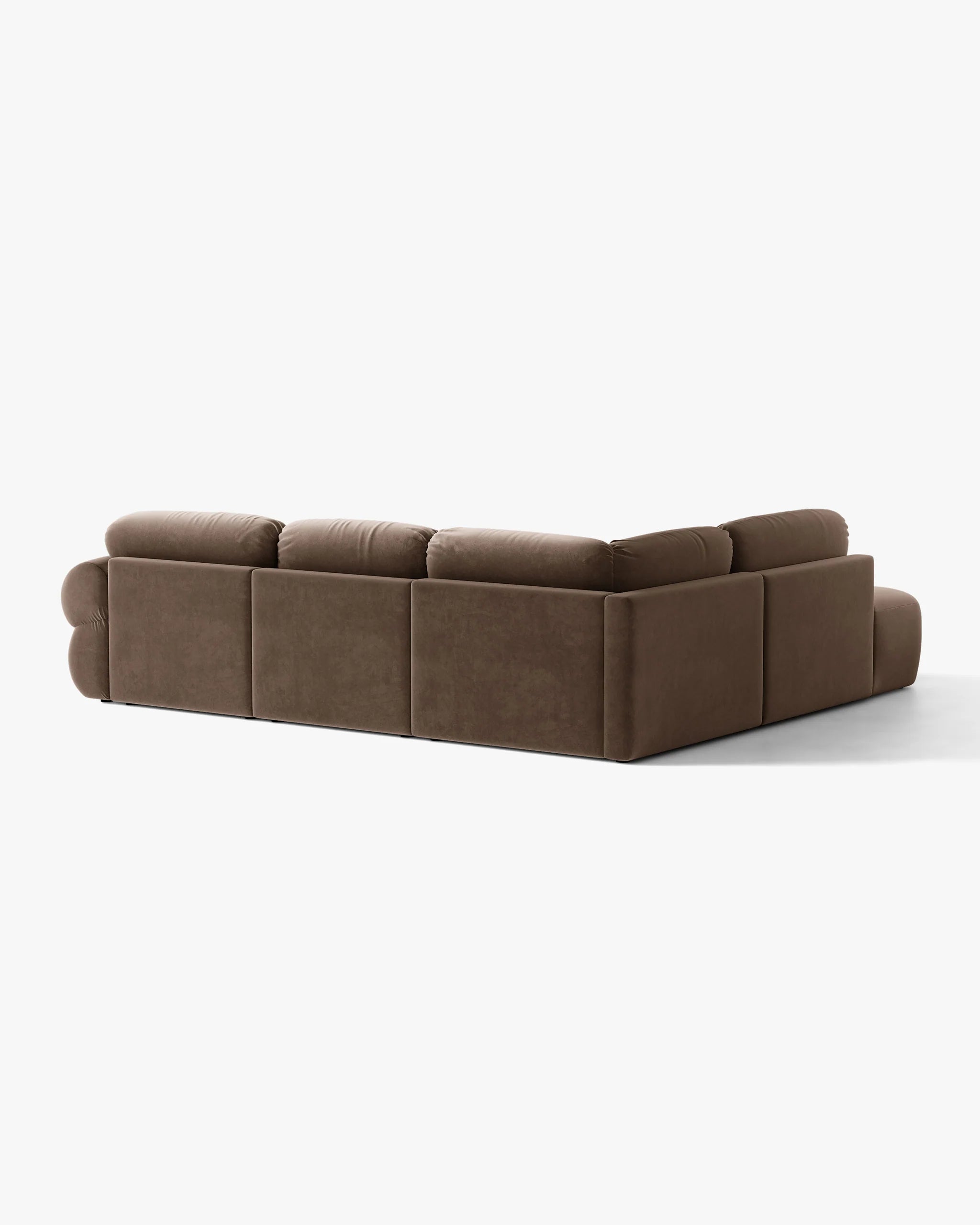 Velvet left-facing corner sofa OPHELIA in chocolate.