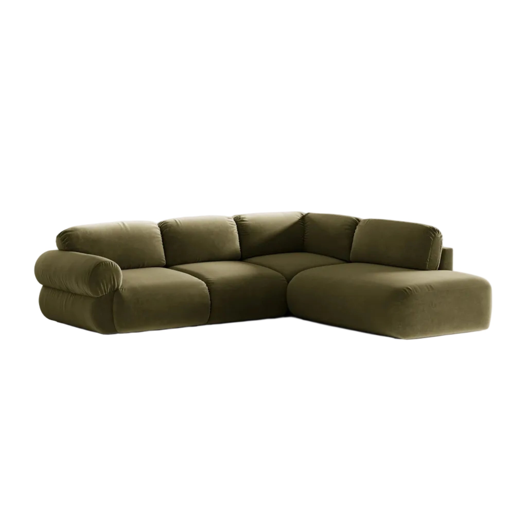 Right-facing velvet corner sofa OPHELIA in olive green