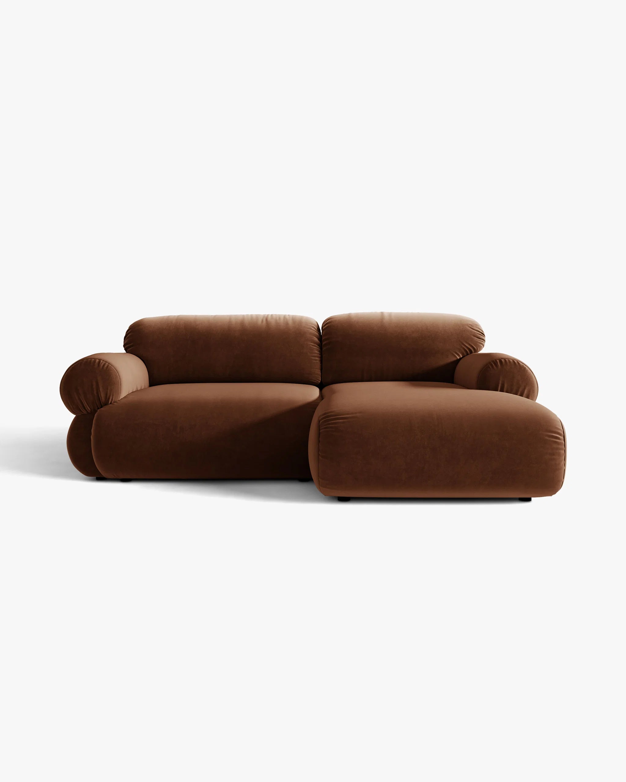 Right-facing velvet two-seater corner sofa OPHELIA in brown