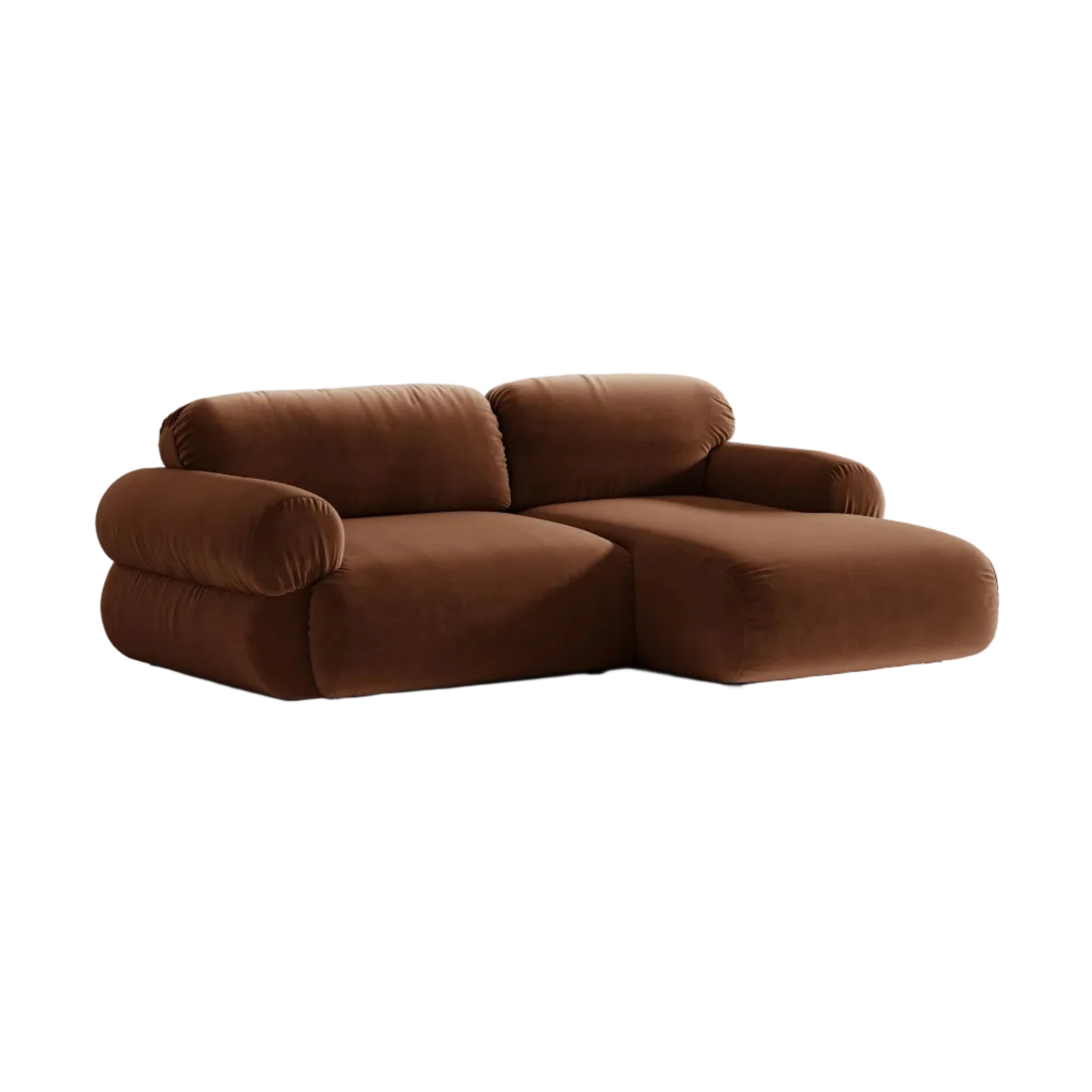 Right-facing velvet two-seater corner sofa OPHELIA in brown