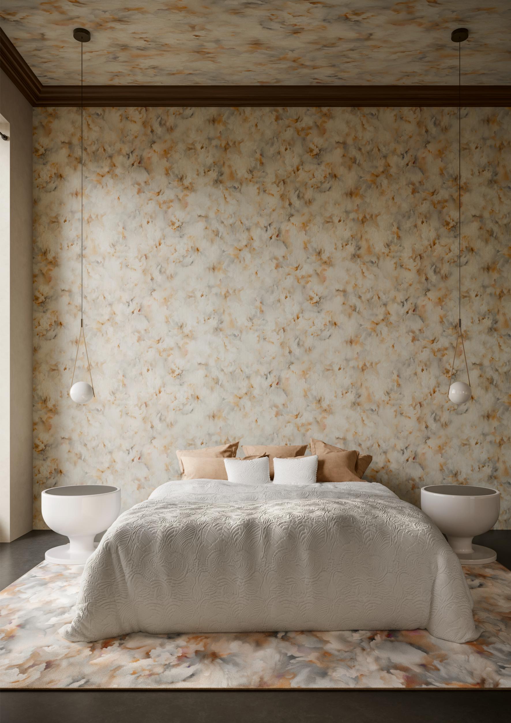 Silk floral pattern textile wallpaper SILK BOMBIS beige with white