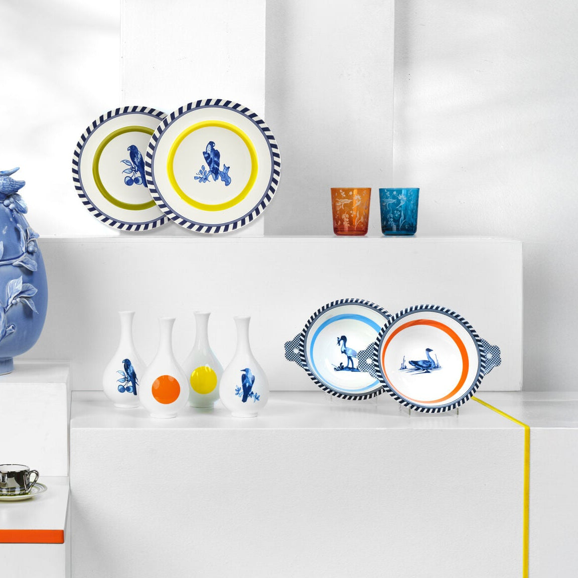 Bird Patterned Plate Set White with Olive and Blue