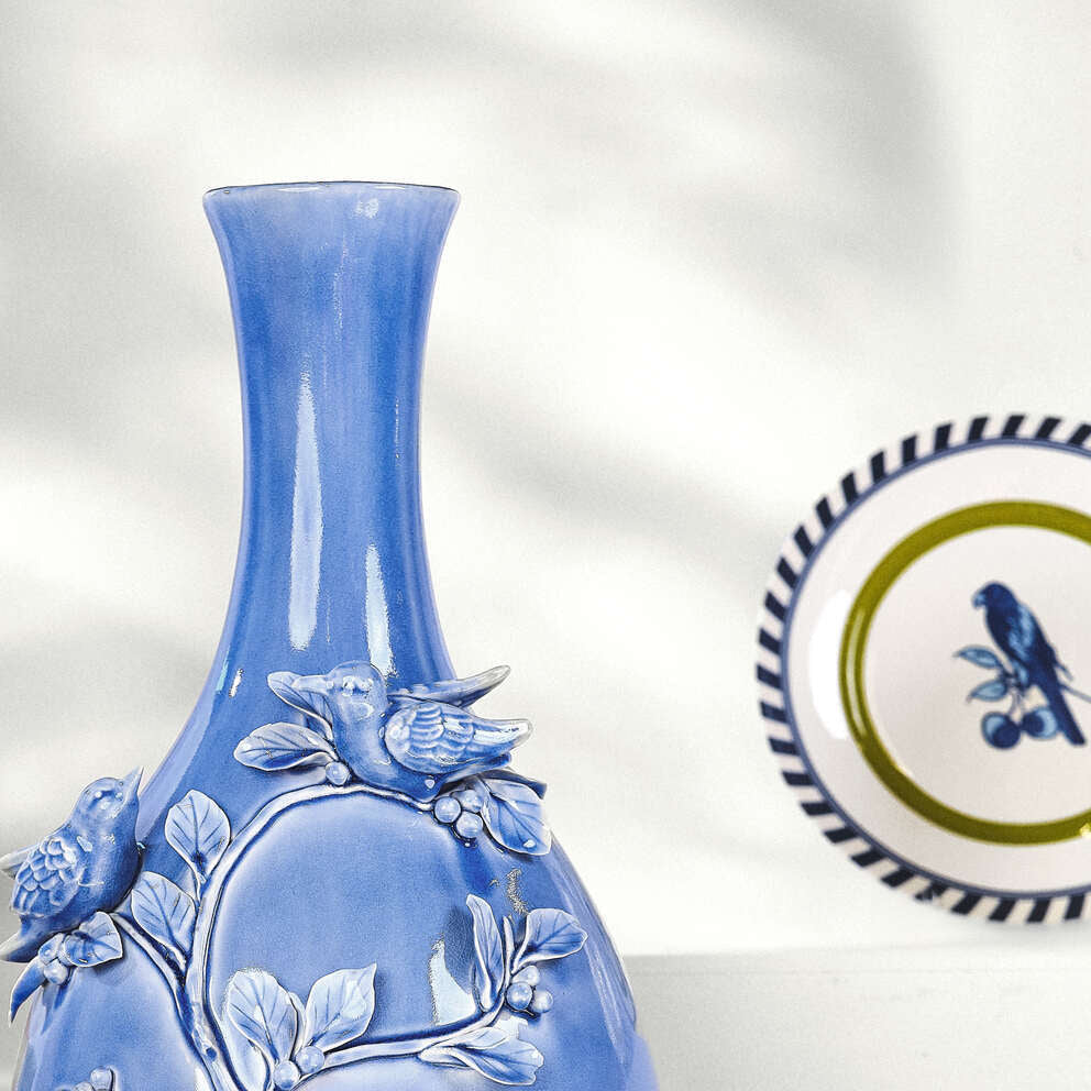 Bird Patterned Plate Set White with Yellow and Blue