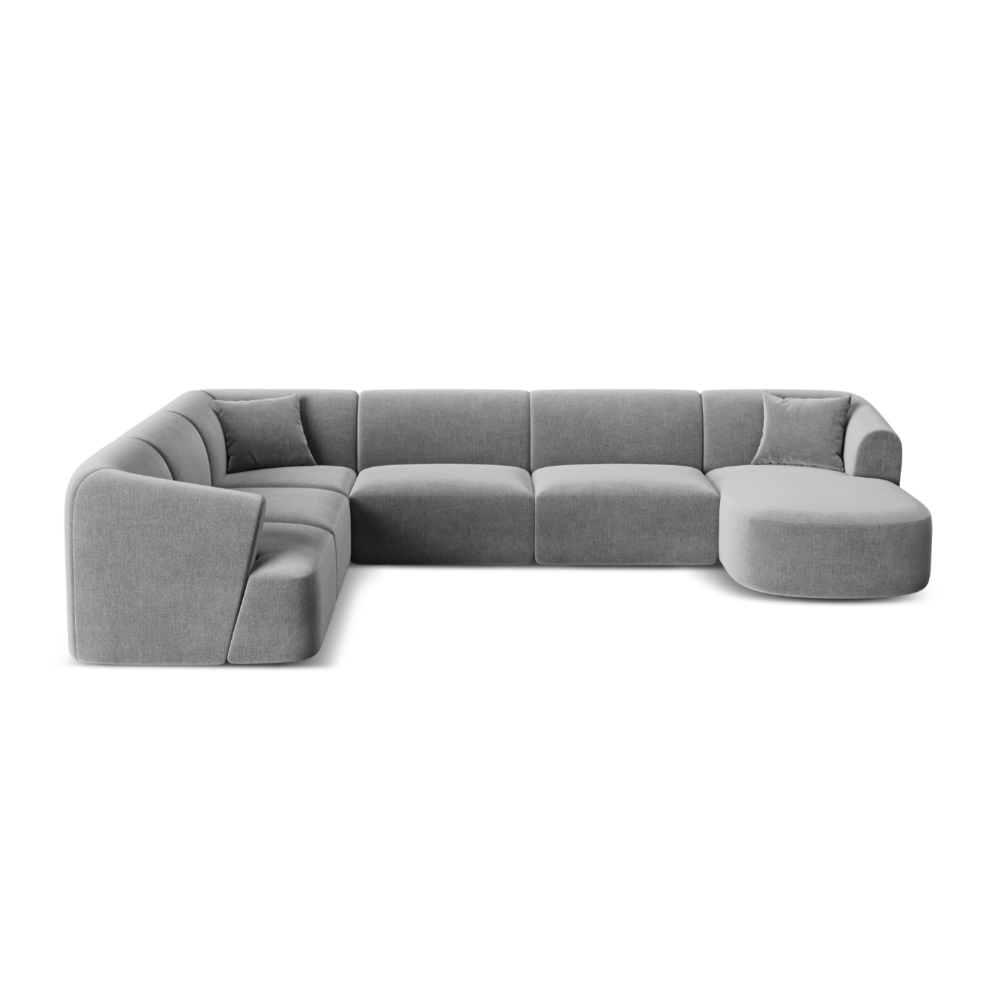 Linksseitiges, samtiges, panoramisches 7-Sitzer-Sofa CAMPI in Grau