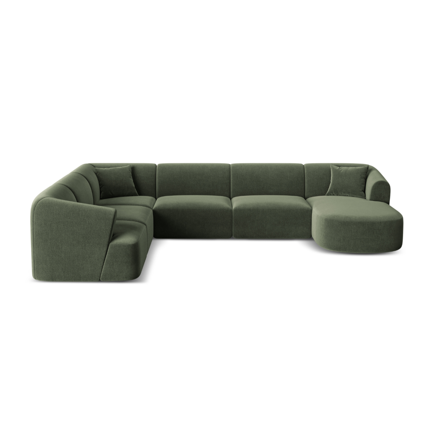 Linksseitiges, samtiges, panoramisches 7-Sitzer-Sofa CAMPI in Grün