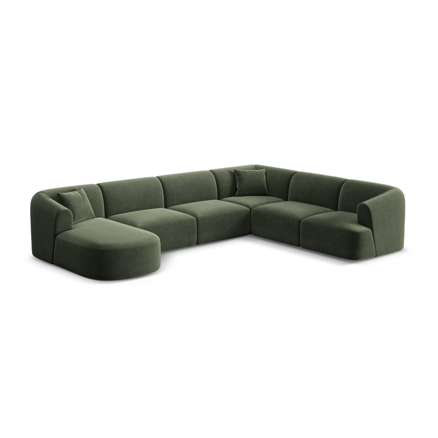Rechtsseitiges, samtiges, panoramisches 7-sitziges Sofa CAMPI in Grün