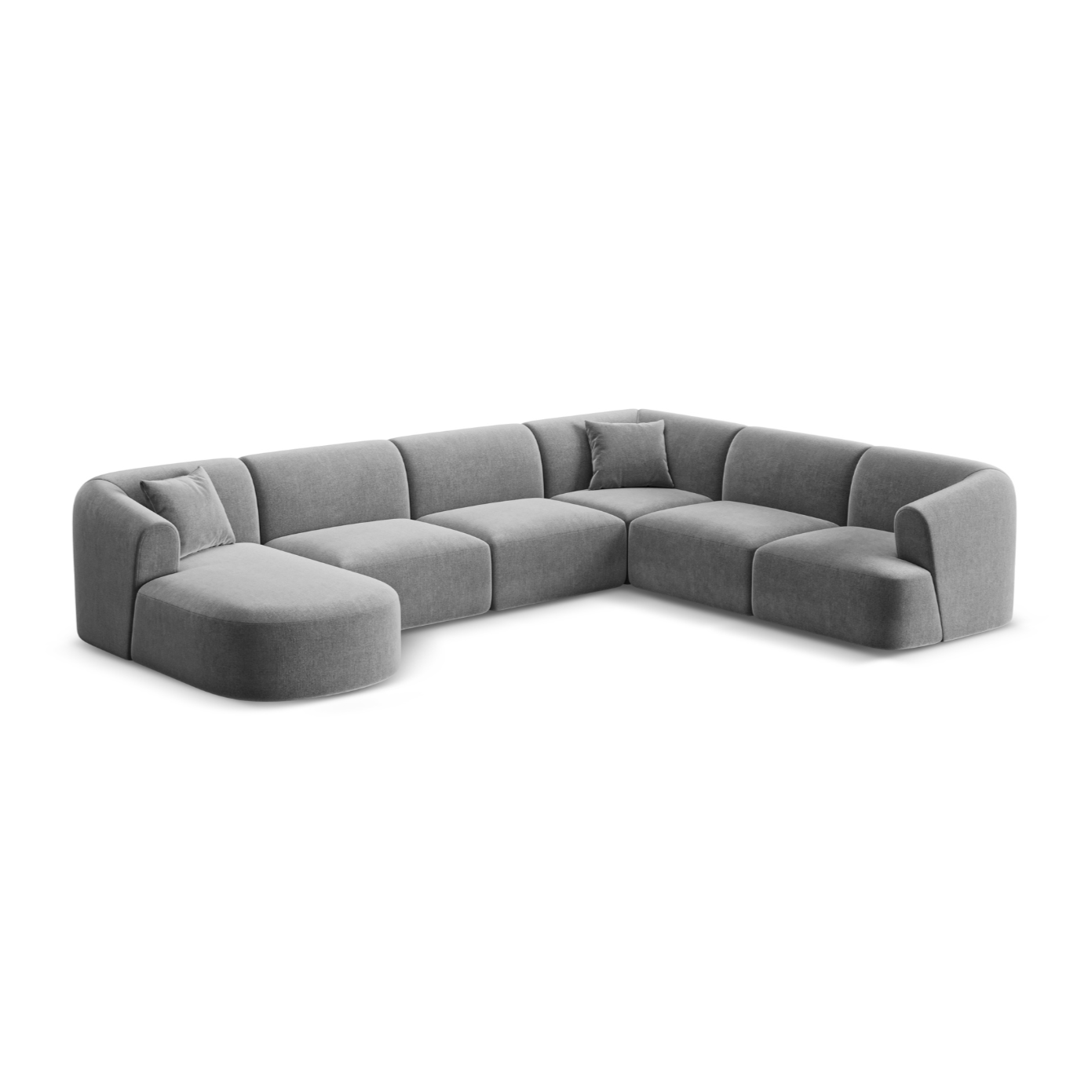 Rechtsseitiges, samtiges, panoramisches 7-sitziges Ecksofa CAMPI in Grau