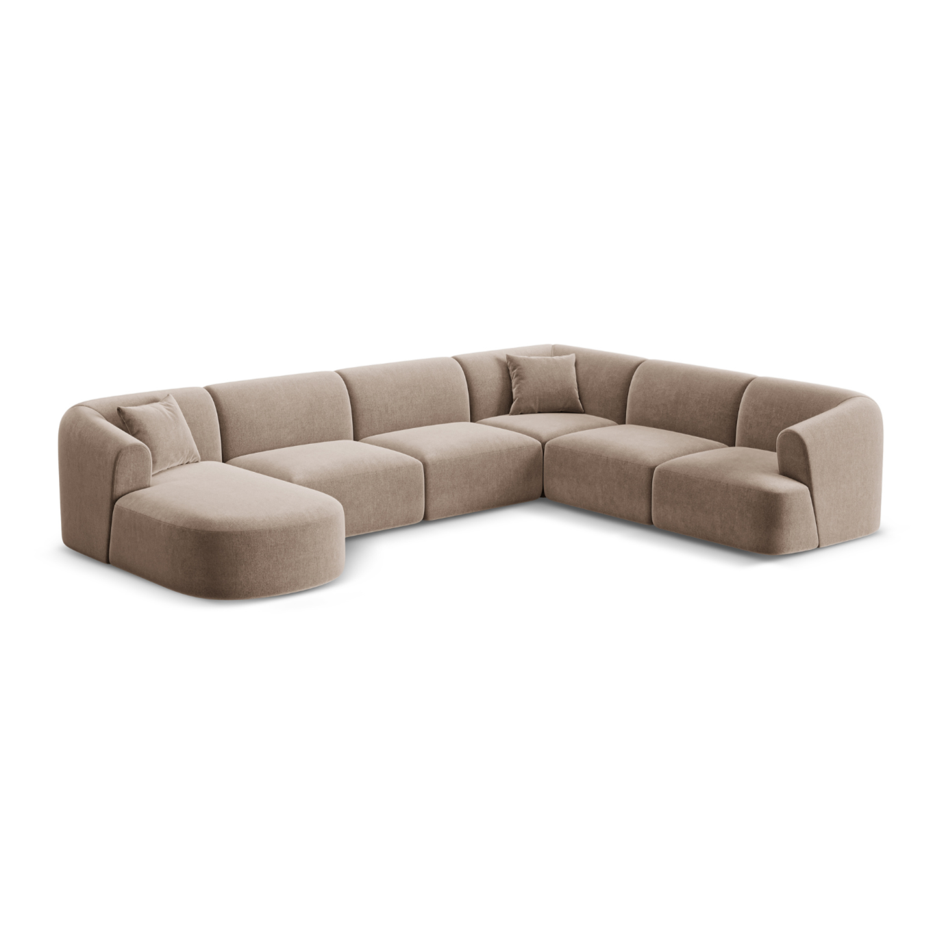 Rechtsseitiges, samtiges, panoramisches 7-sitziges Ecksofa CAMPI in dunkelbeige