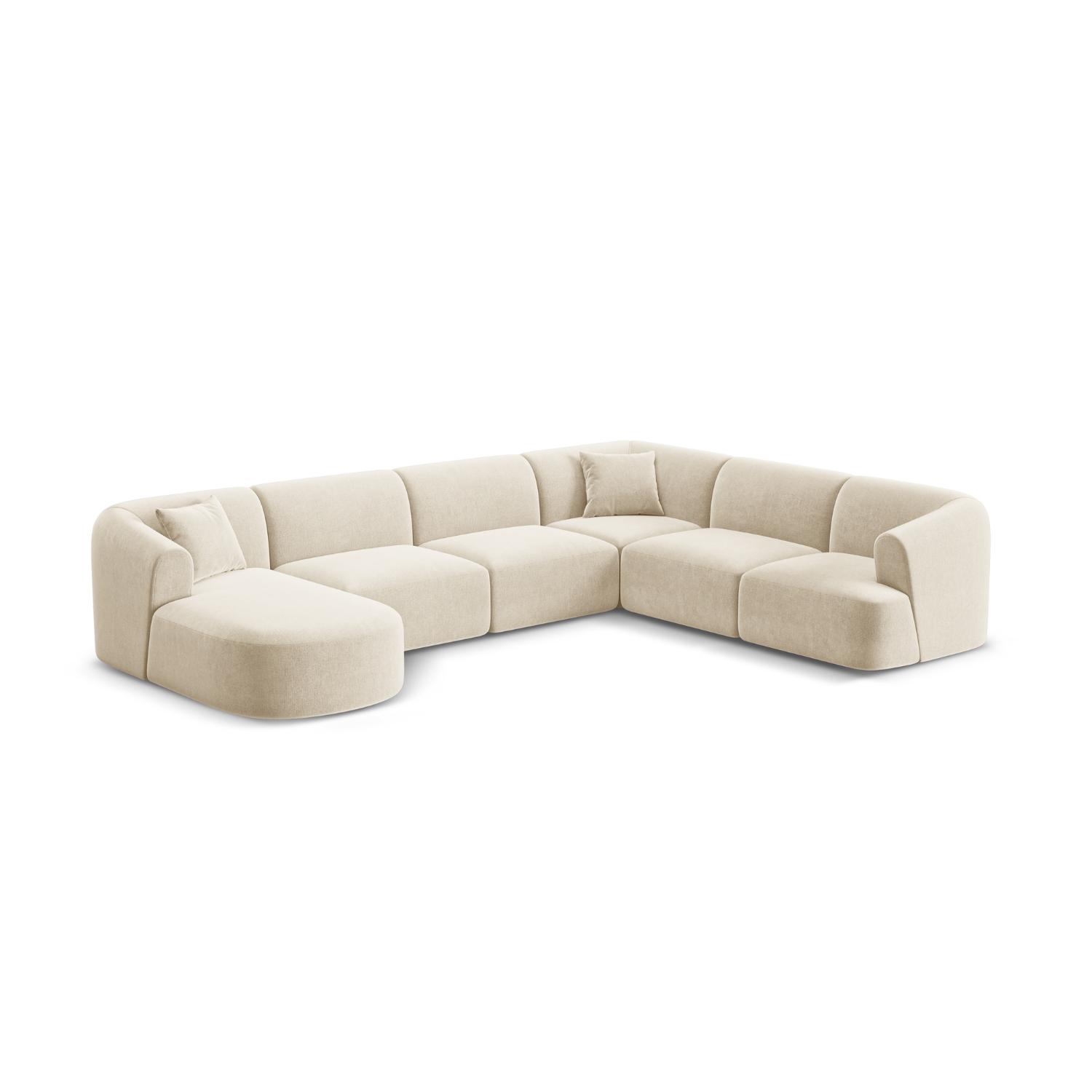 Rechtsseitiges, samtiges, panoramisches 7-sitziges Sofa CAMPI in hellbeige