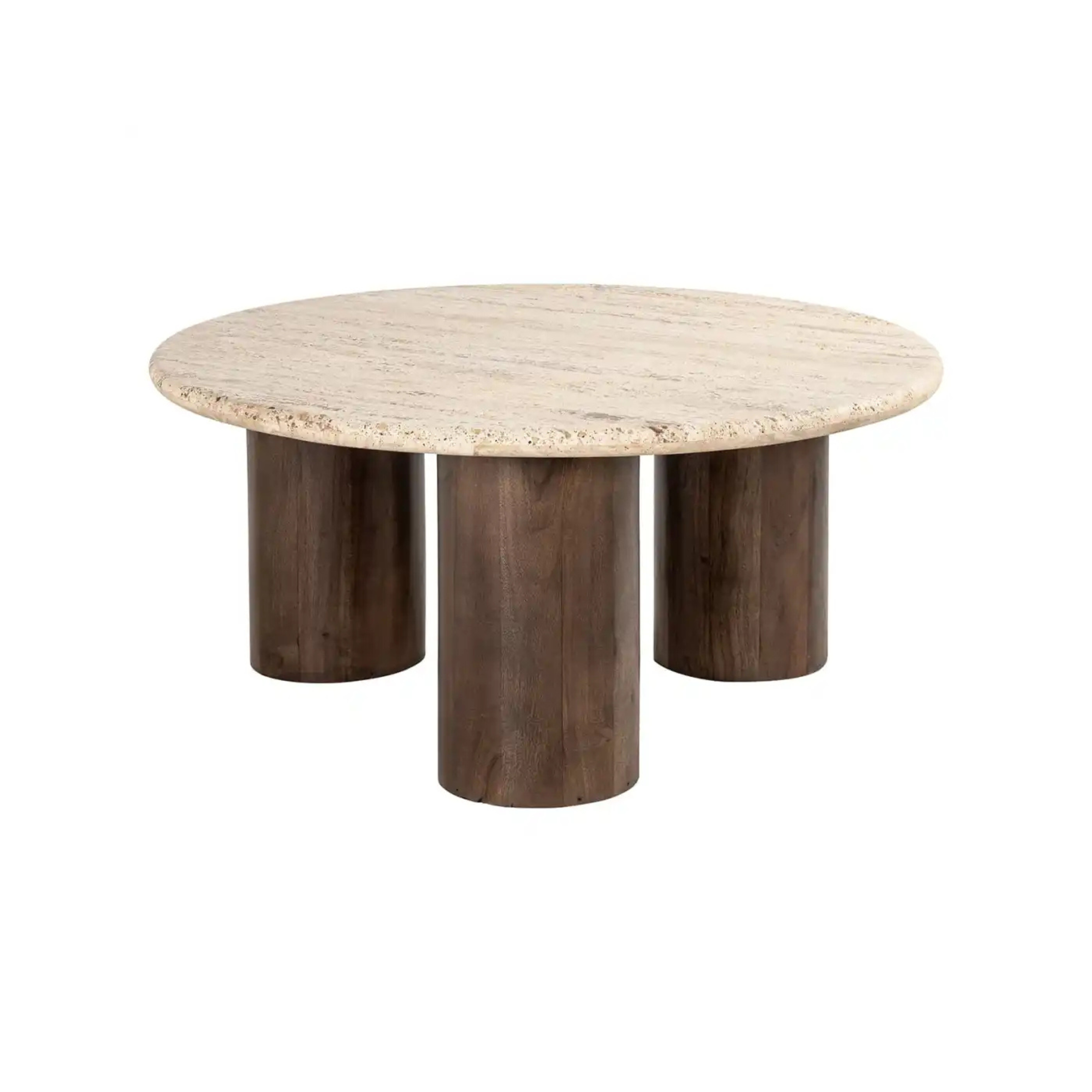 Runder Couchtisch DOUGLAS aus Travertin mit Holzgestell