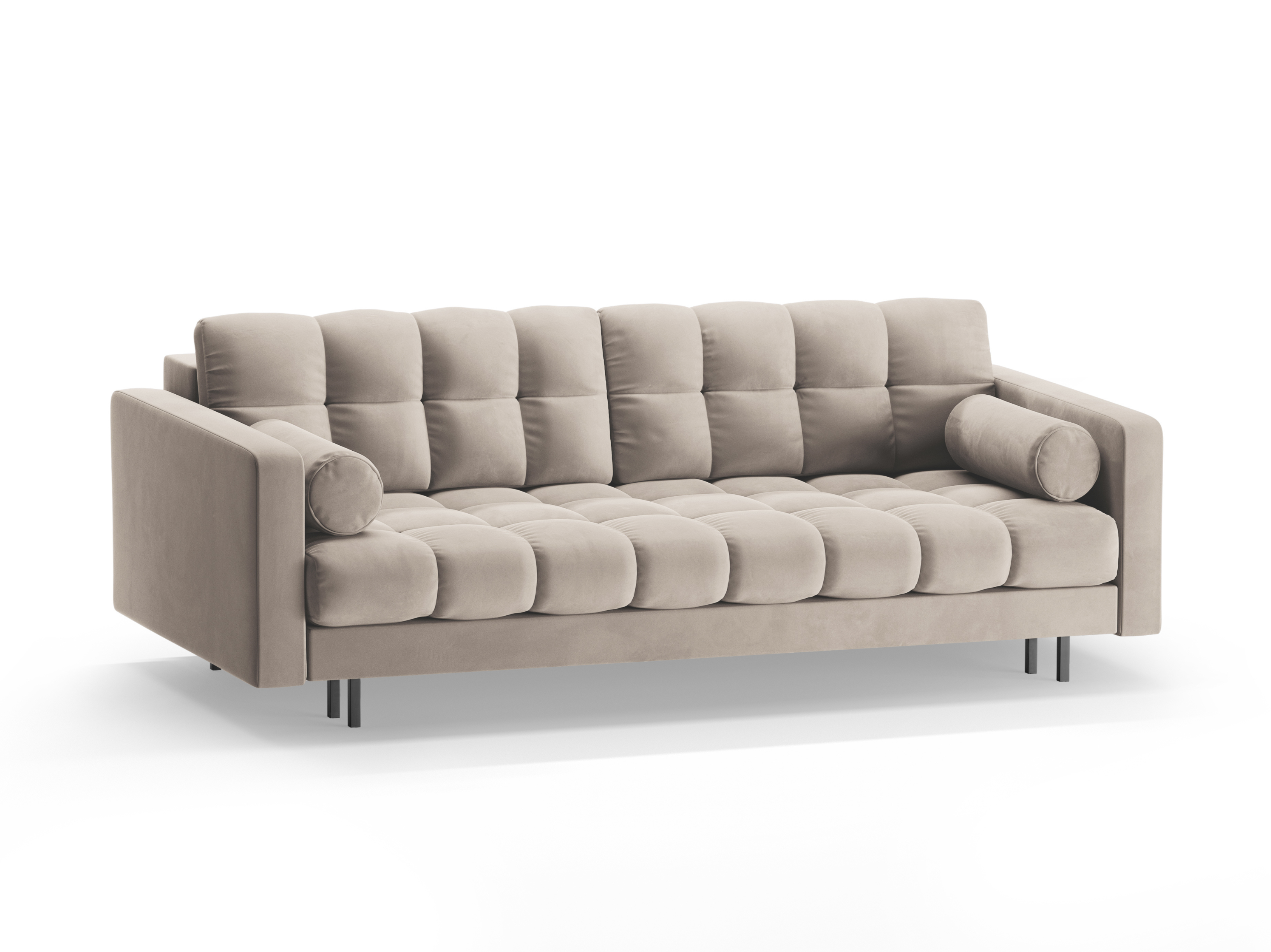 Beige 3-seater velvet sofa with sleeping function BALI with a black base