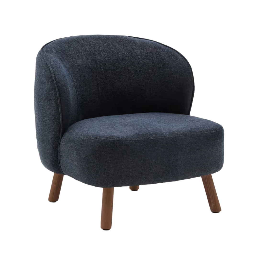 ULIT armchair in blue-gray chenille with a dark ash base.