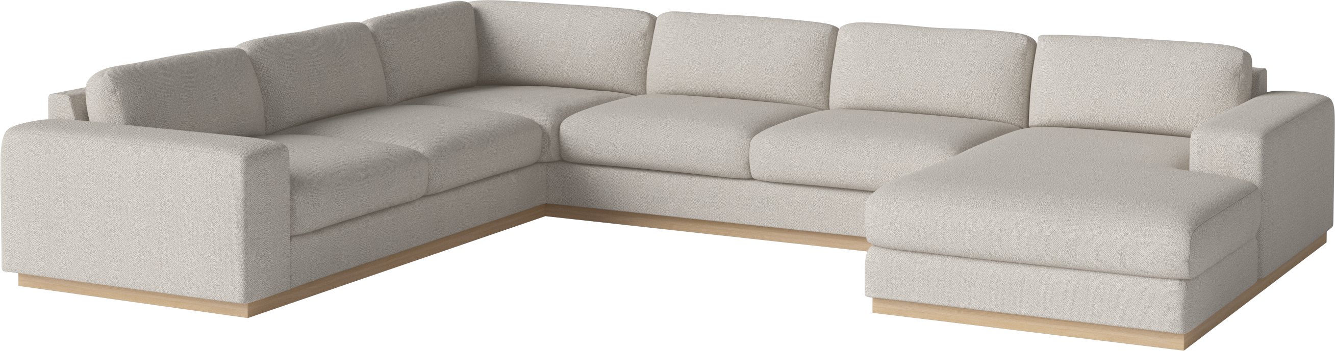 A corner with a sight -sided sepia chaise with a whitewashed base