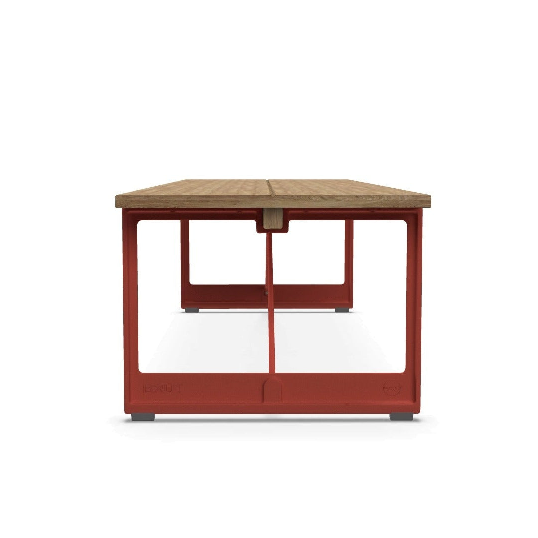 BRUT bench made of oak wood with a red base