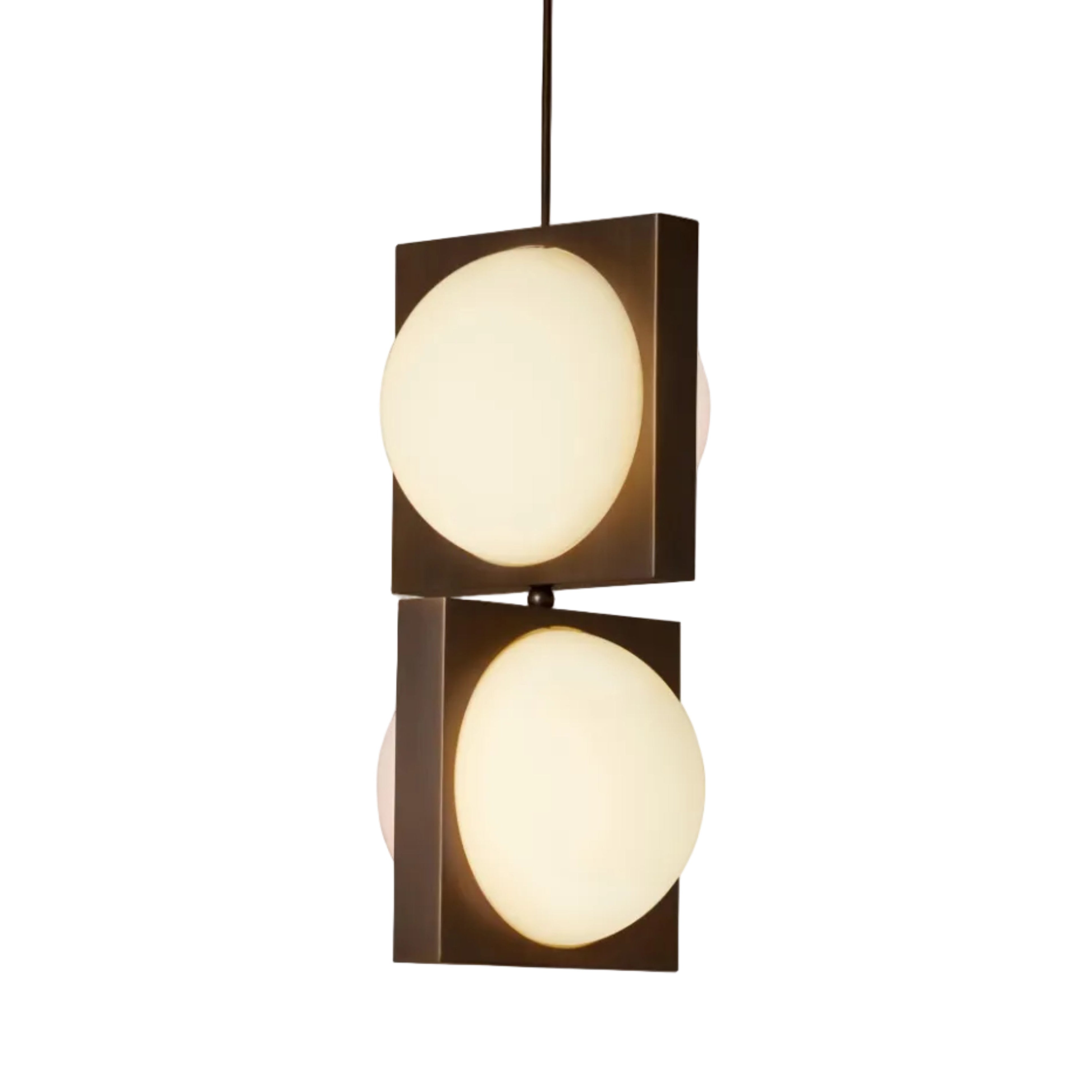 SOLSTICE DUO pendant lamp with an opal shade and blackened brass.