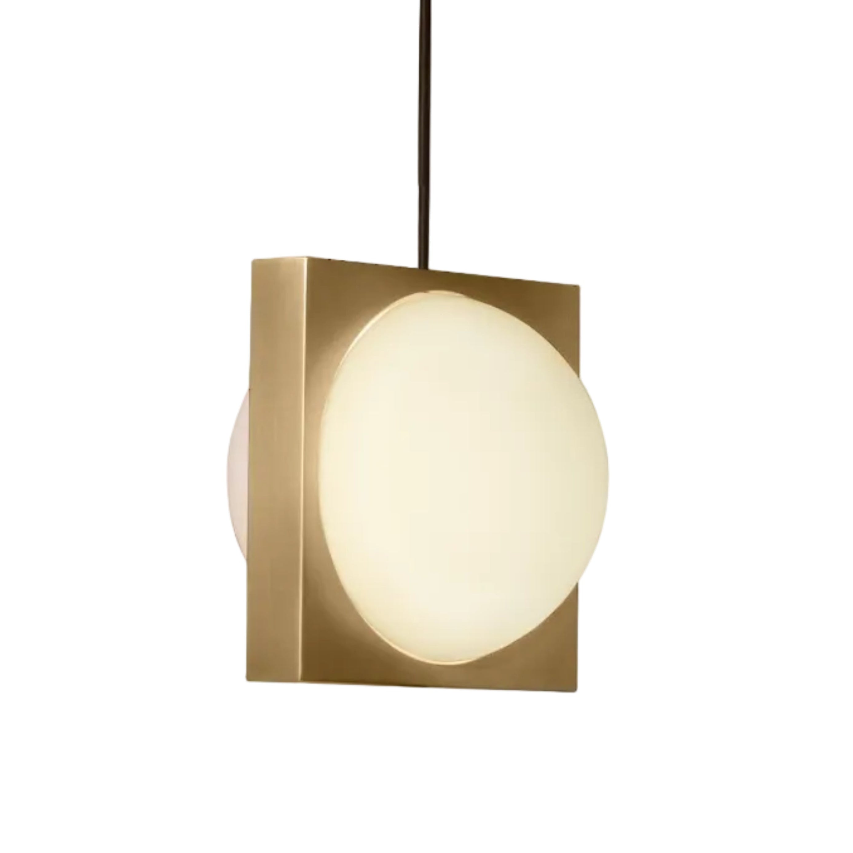 SOLSTICE pendant lamp with an opal shade and brass accents.