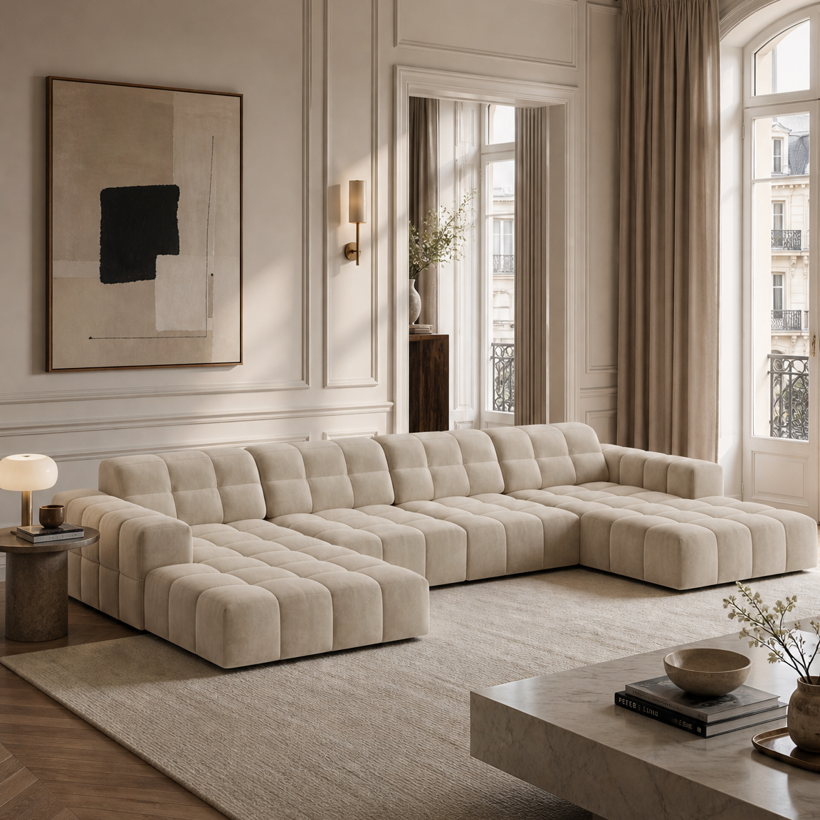Jennifer Left-Handed Panoramic Sofa in Light Beige Chenille
