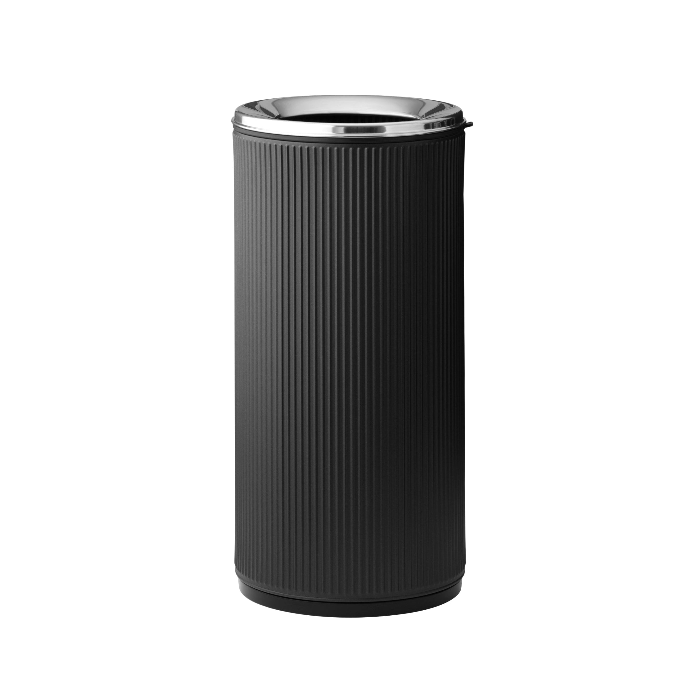 OPEN TOP black waste bin with silver lid