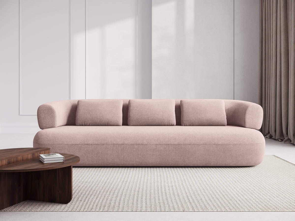 Left-facing 2-seater corner sofa ALDRIN in powder pink boucle.