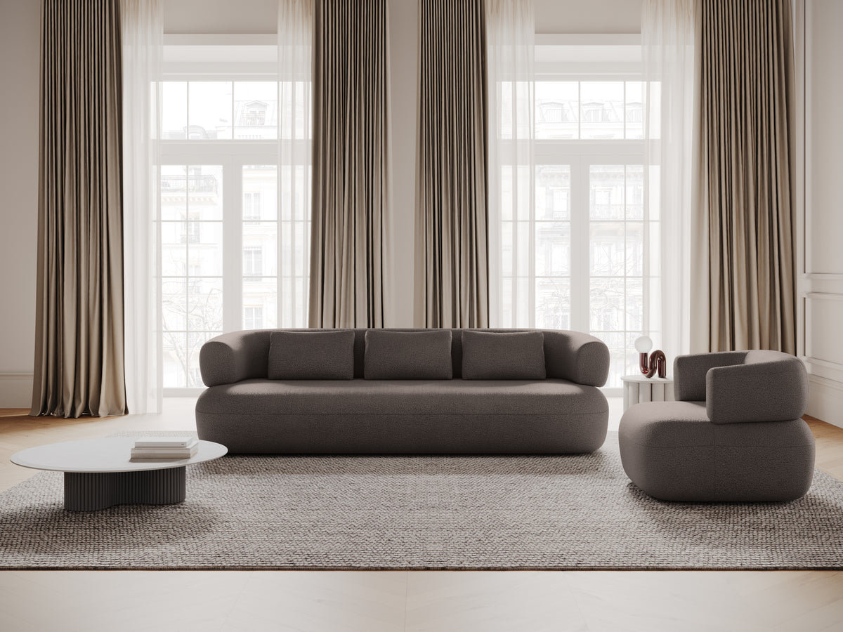 Right-facing 3-seater corner sofa ALDRIN in light brown boucle.