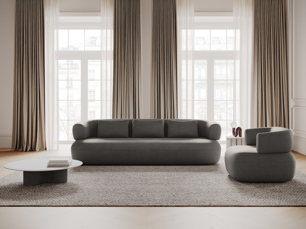 Right-facing 3-seater corner sofa ALDRIN in light gray boucle.