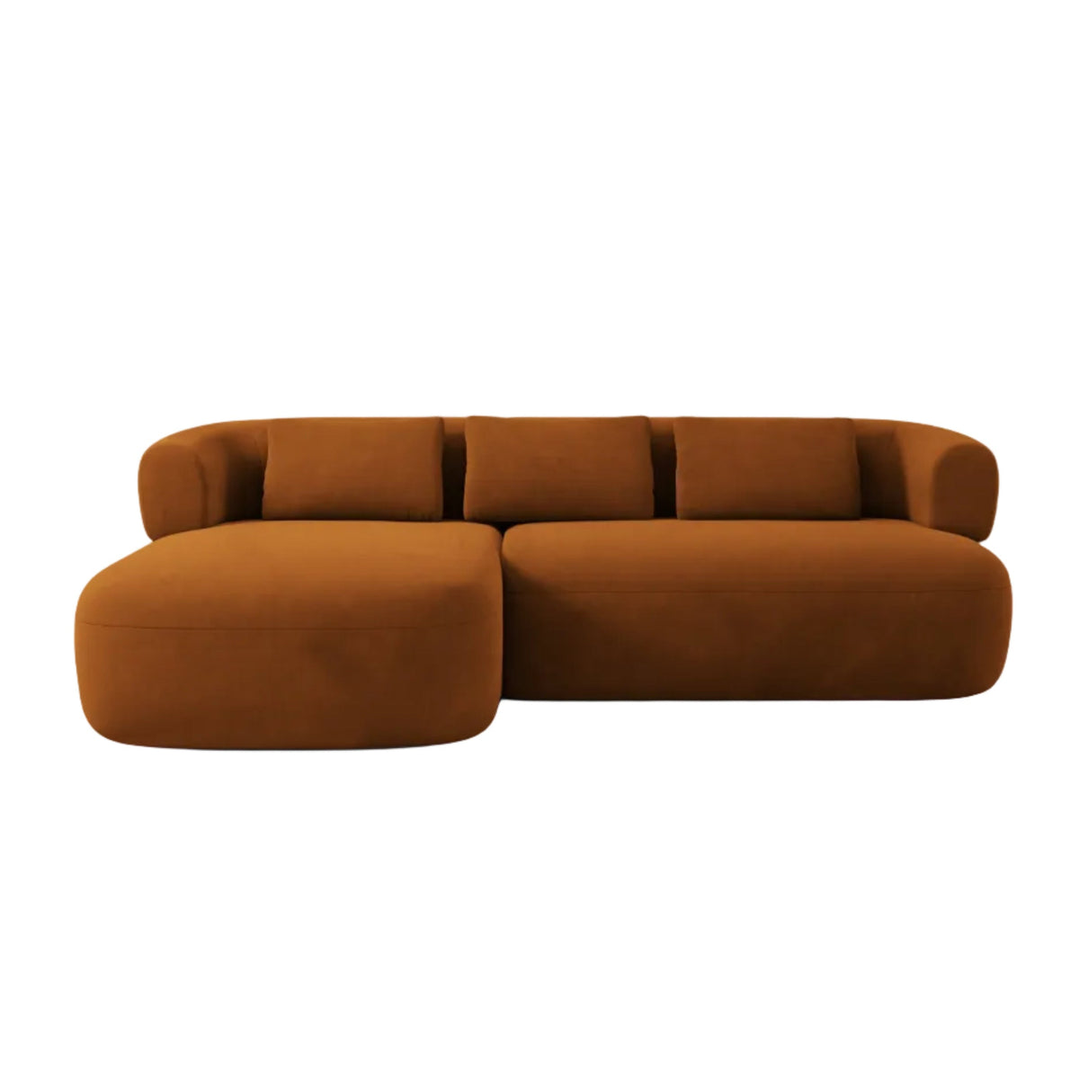 Velvet corner sofa for three people, left-facing, ALDRIN in brick red.