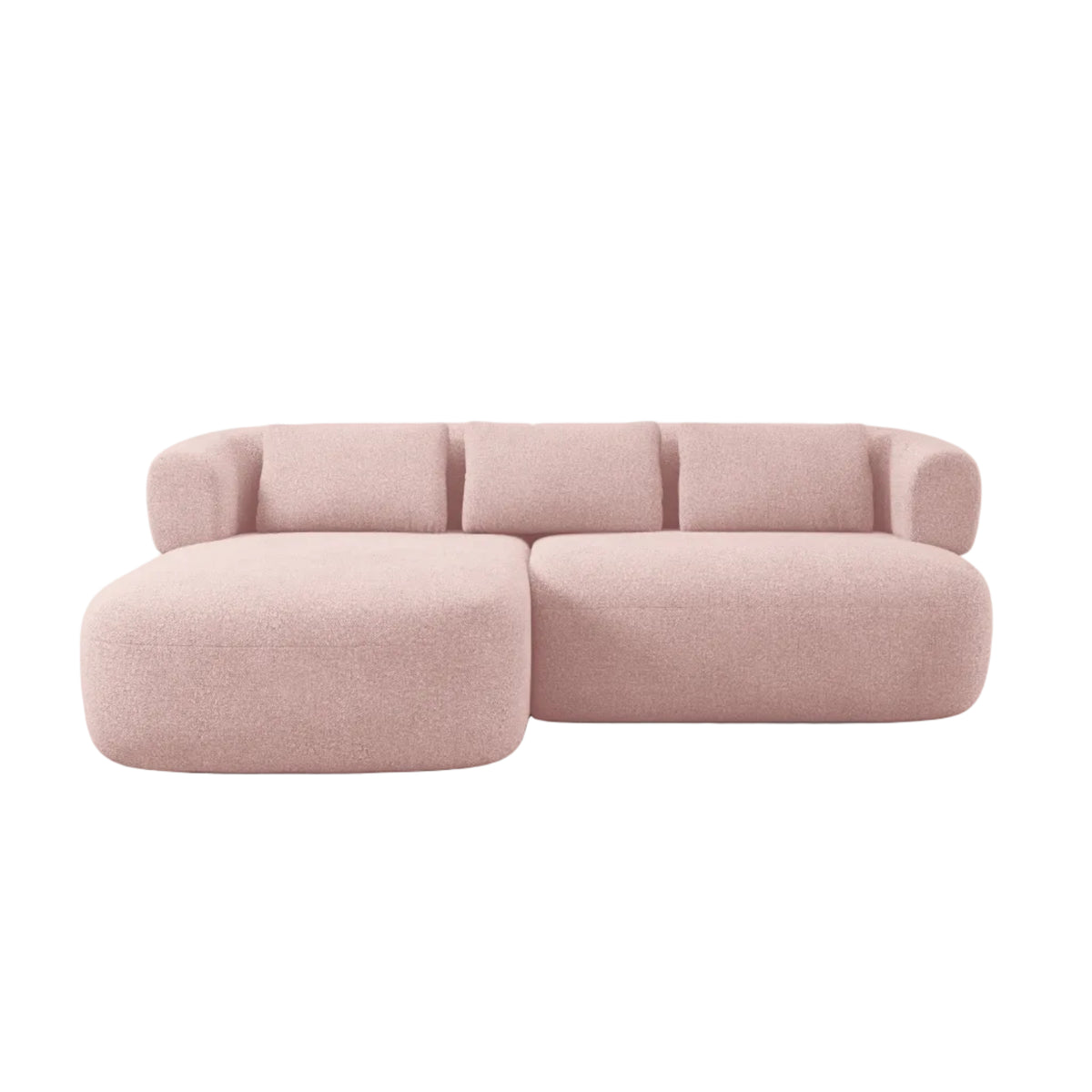 Left-facing 2-seater corner sofa ALDRIN in powder pink boucle.