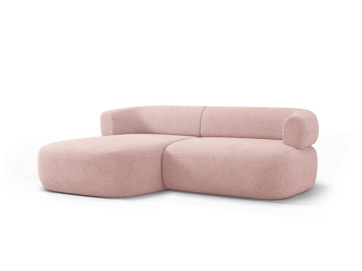 Left-facing 2-seater corner sofa ALDRIN in powder pink boucle.