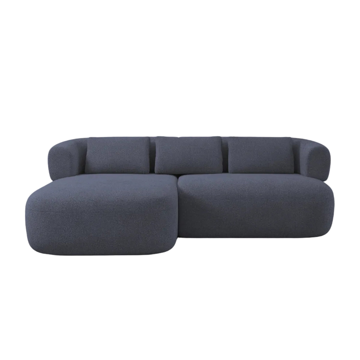 Left-facing 2-seater corner sofa ALDRIN in navy blue boucle.