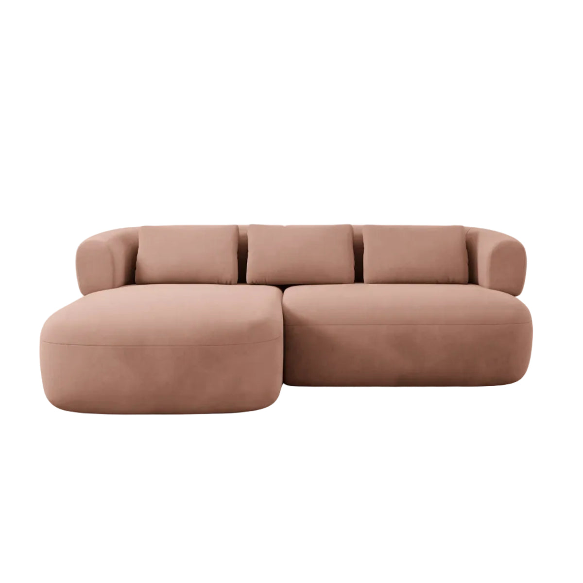 Velvet corner sofa for two, left-facing, ALDRIN in pink.
