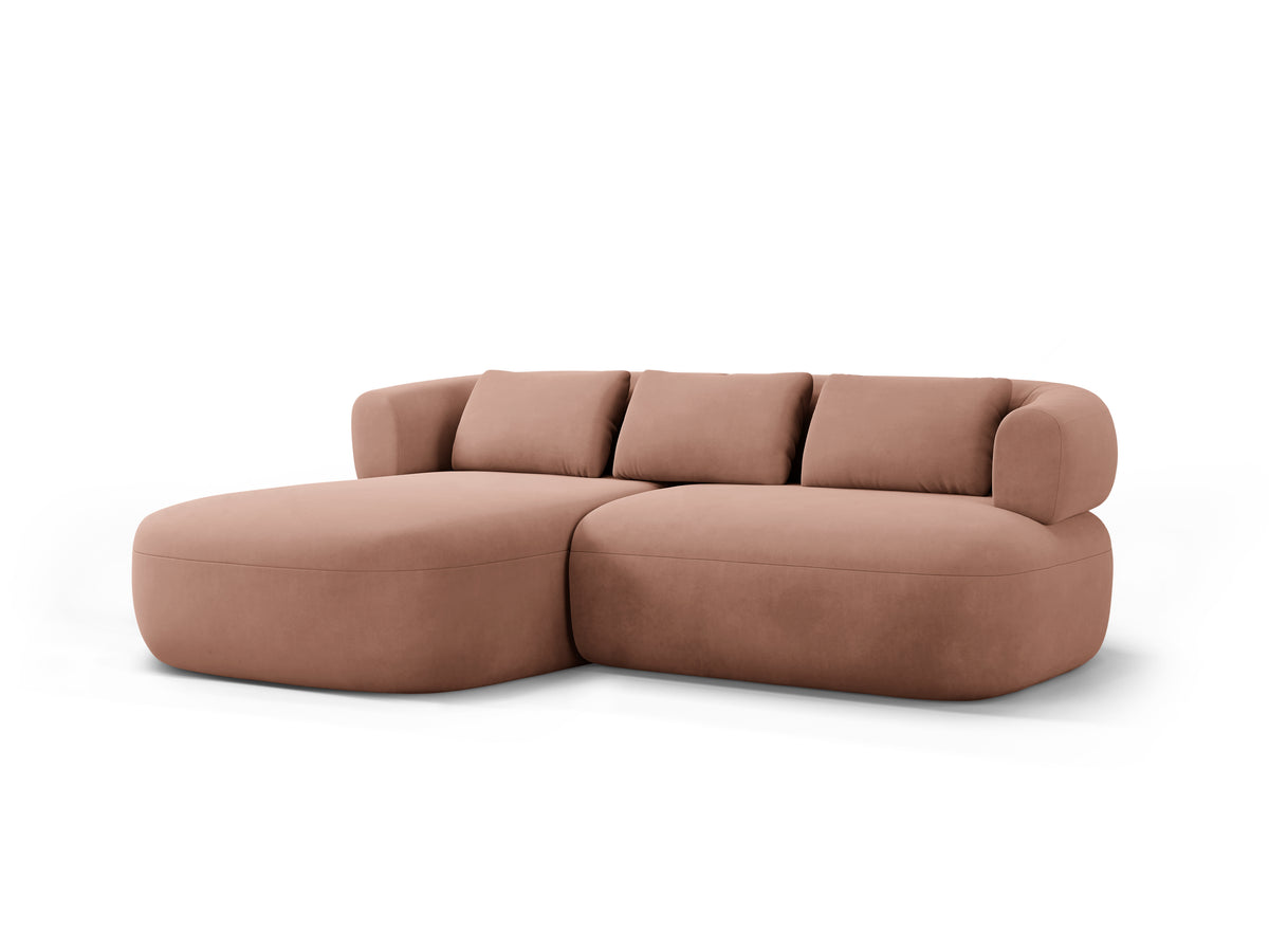 Velvet corner sofa for two, left-facing, ALDRIN in pink.