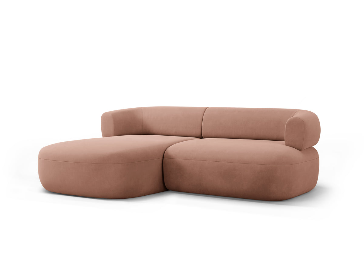 Velvet corner sofa for two, left-facing, ALDRIN in pink.