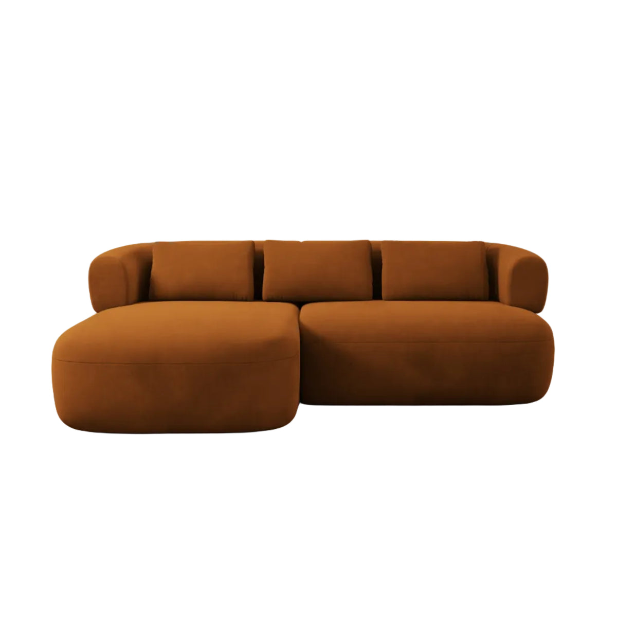 Velvet corner sofa for two, left-facing, ALDRIN in brick red.