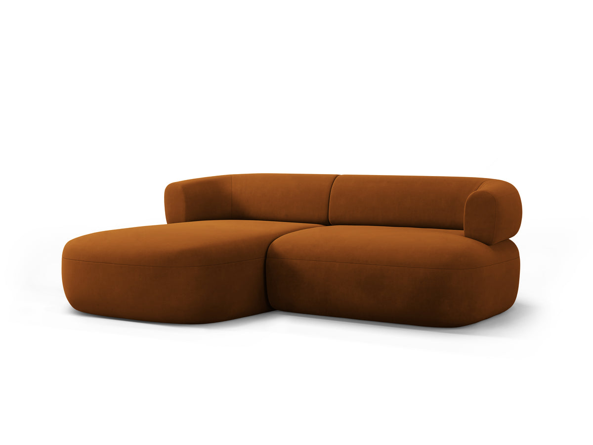Velvet corner sofa for two, left-facing, ALDRIN in brick red.