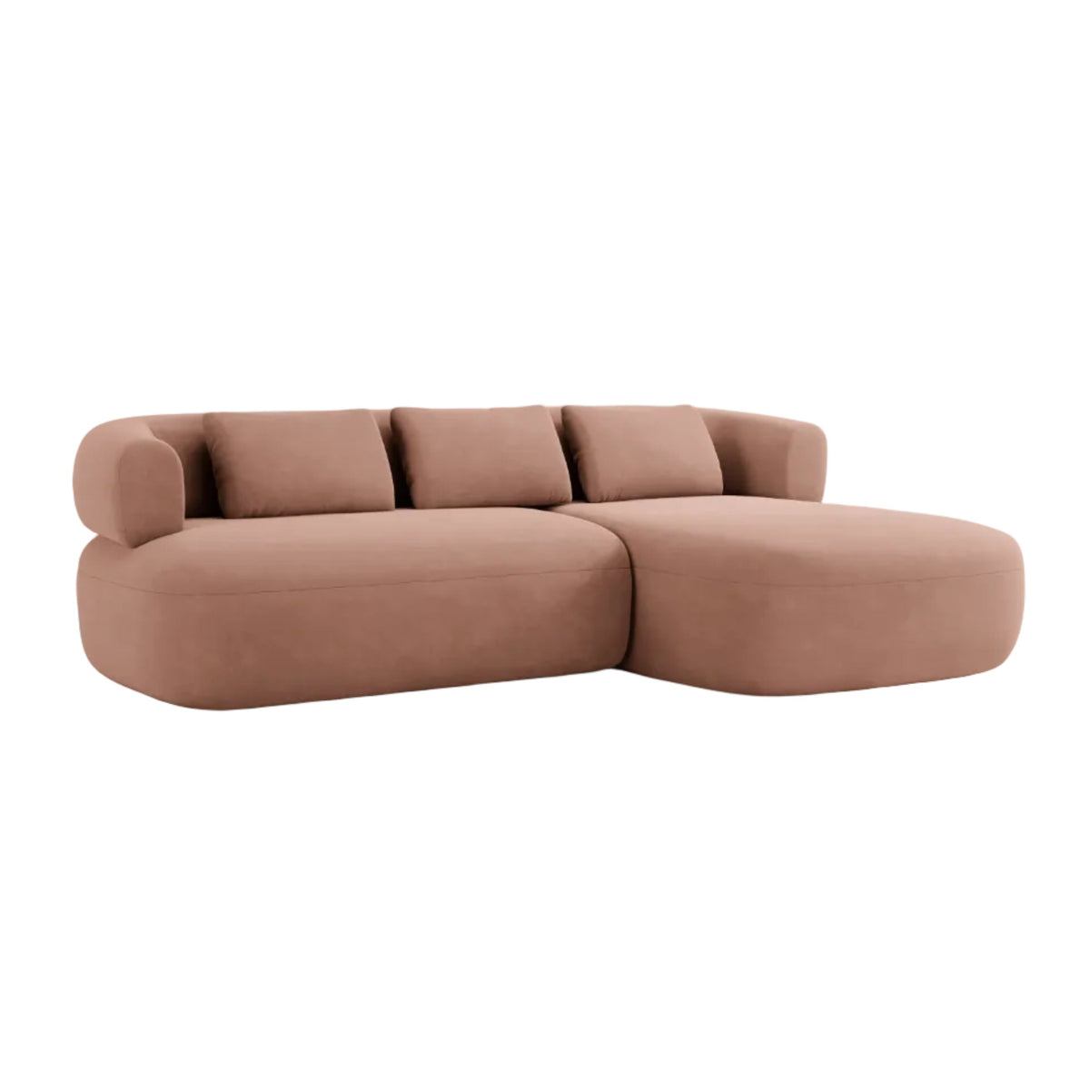 Velvet corner sofa for three people, right-facing, ALDRIN in pink.