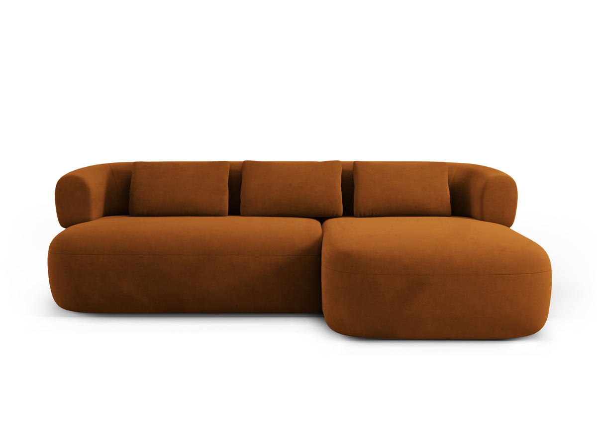 Velvet corner sofa for three people, right-facing, ALDRIN in brick red.