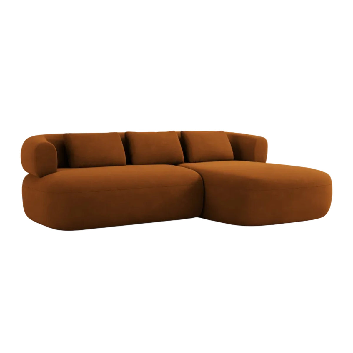 Velvet corner sofa for three people, right-facing, ALDRIN in brick red.