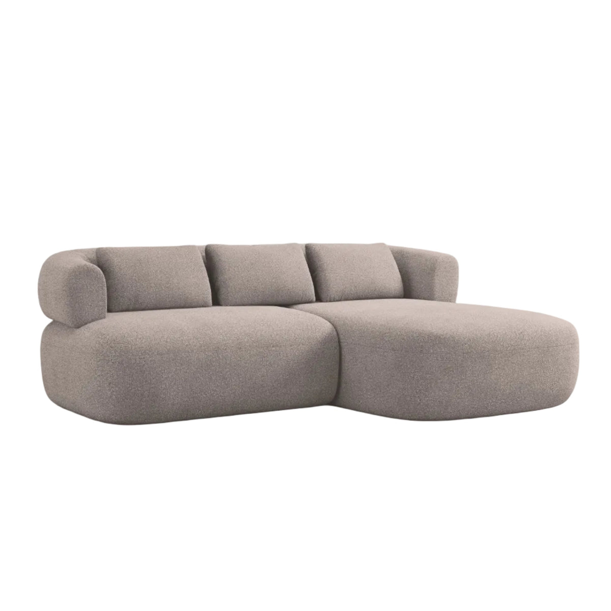 Right-facing 2-seater corner sofa ALDRIN in light brown boucle.