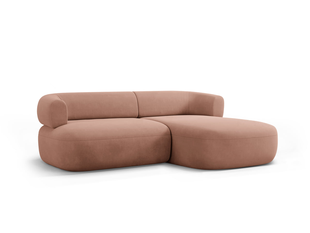 Velvet corner sofa for two, right-facing, ALDRIN in pink.