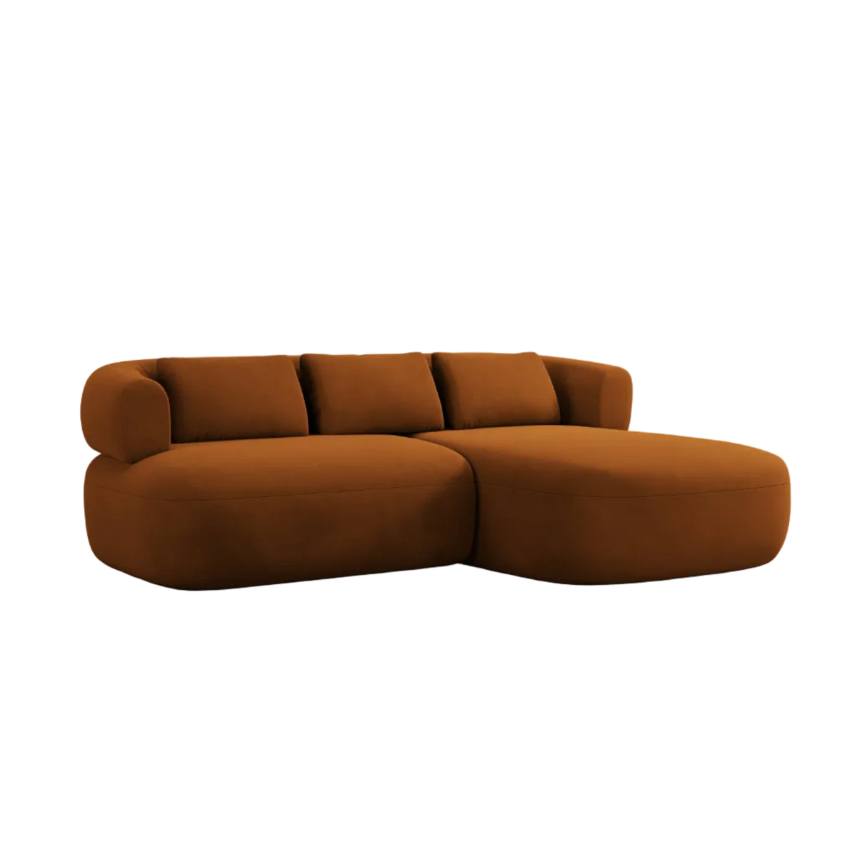 Velvet corner sofa for two, right-facing, ALDRIN in brick red.
