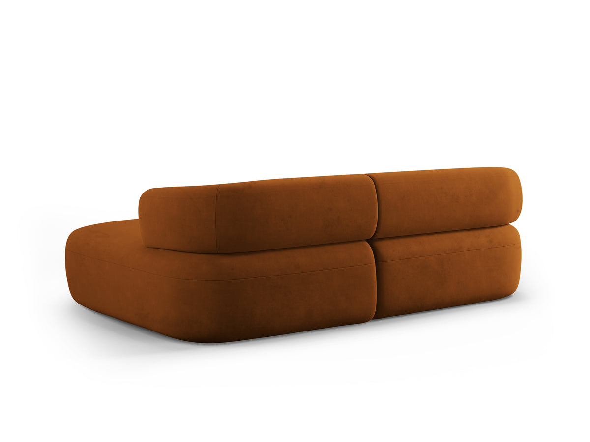 Velvet corner sofa for two, right-facing, ALDRIN in brick red.
