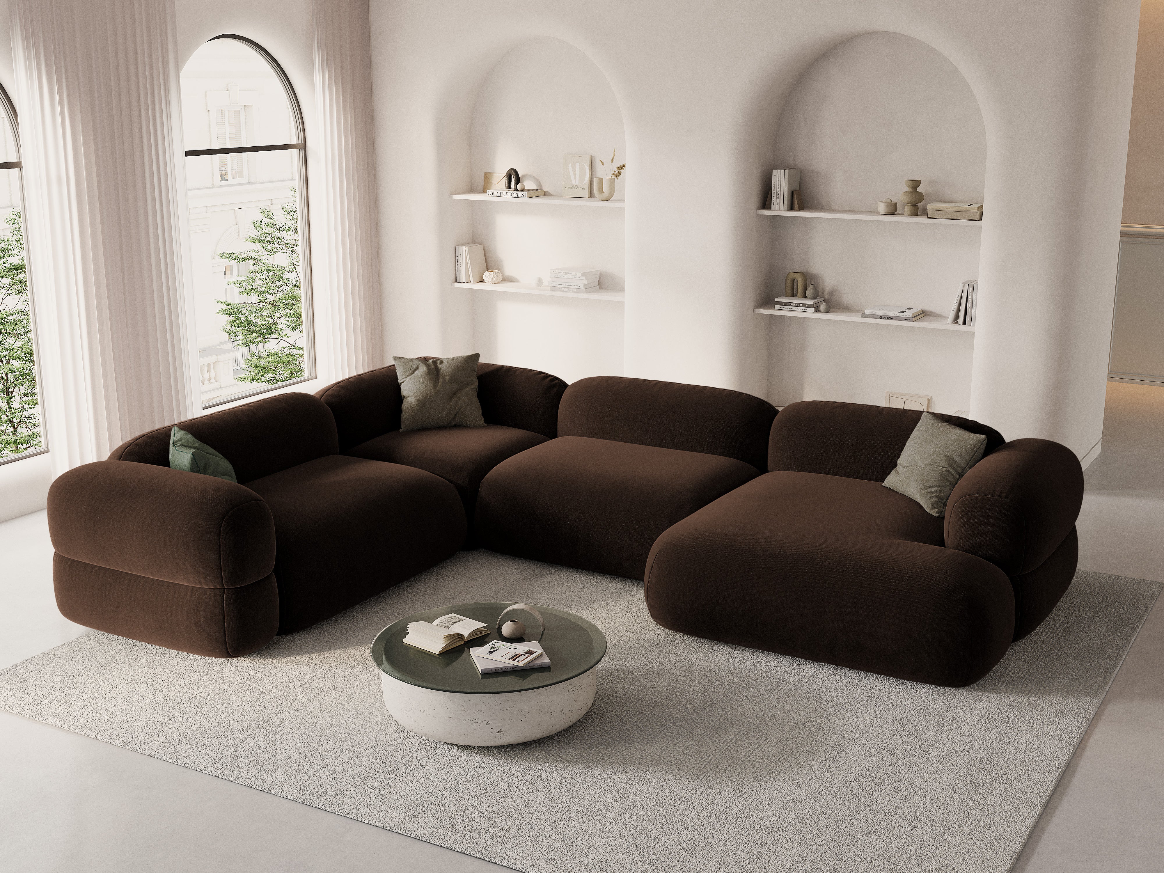Samt-U-Form-Ecksofa links ROGER schokoladenbraun