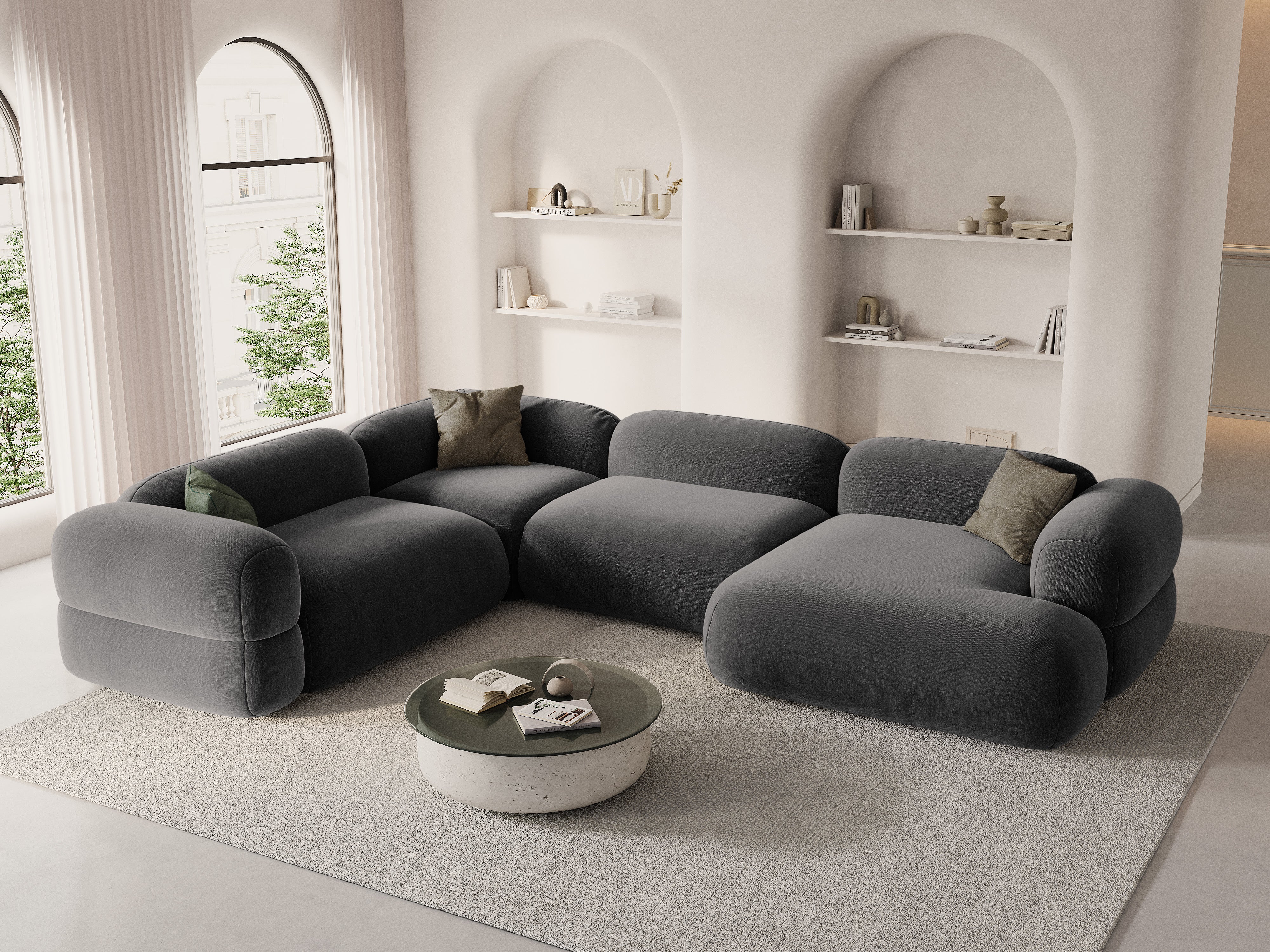 Samt-U-Form-Ecksofa links ROGER grau