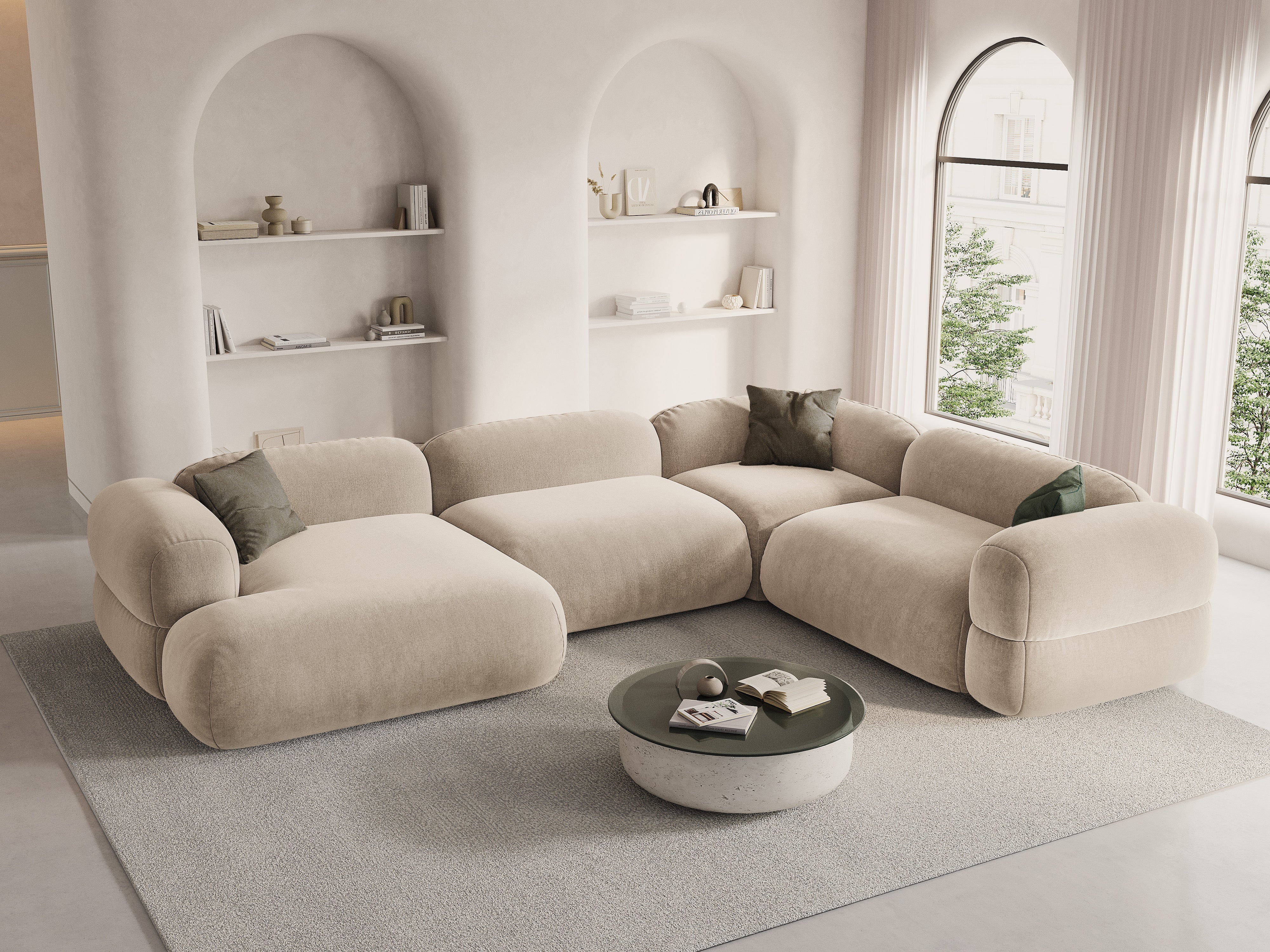 Right-facing U-shaped velvet corner sofa ROGER light beige