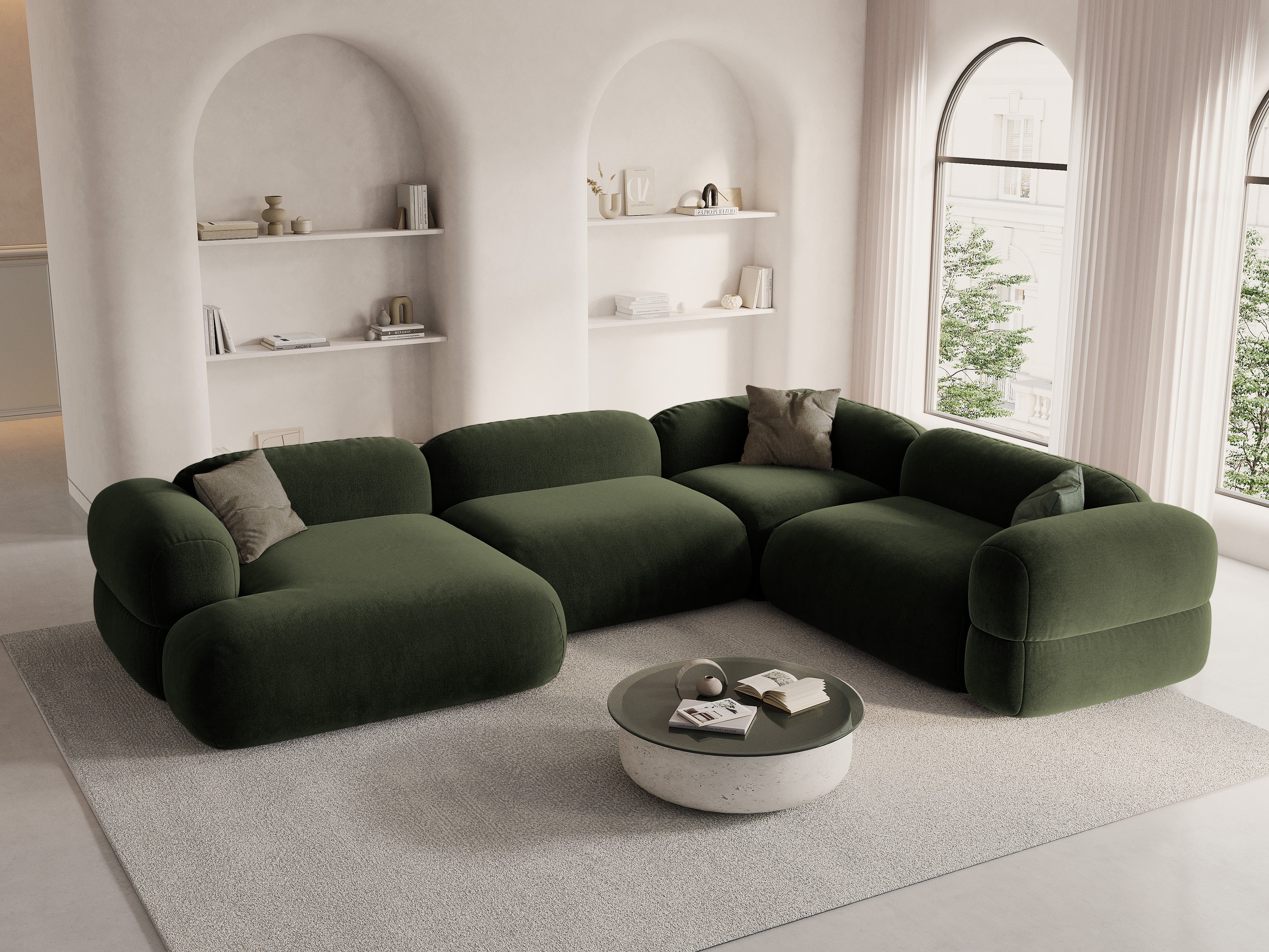 Samt-U-Form-Couch rechts ROGER olivgrün
