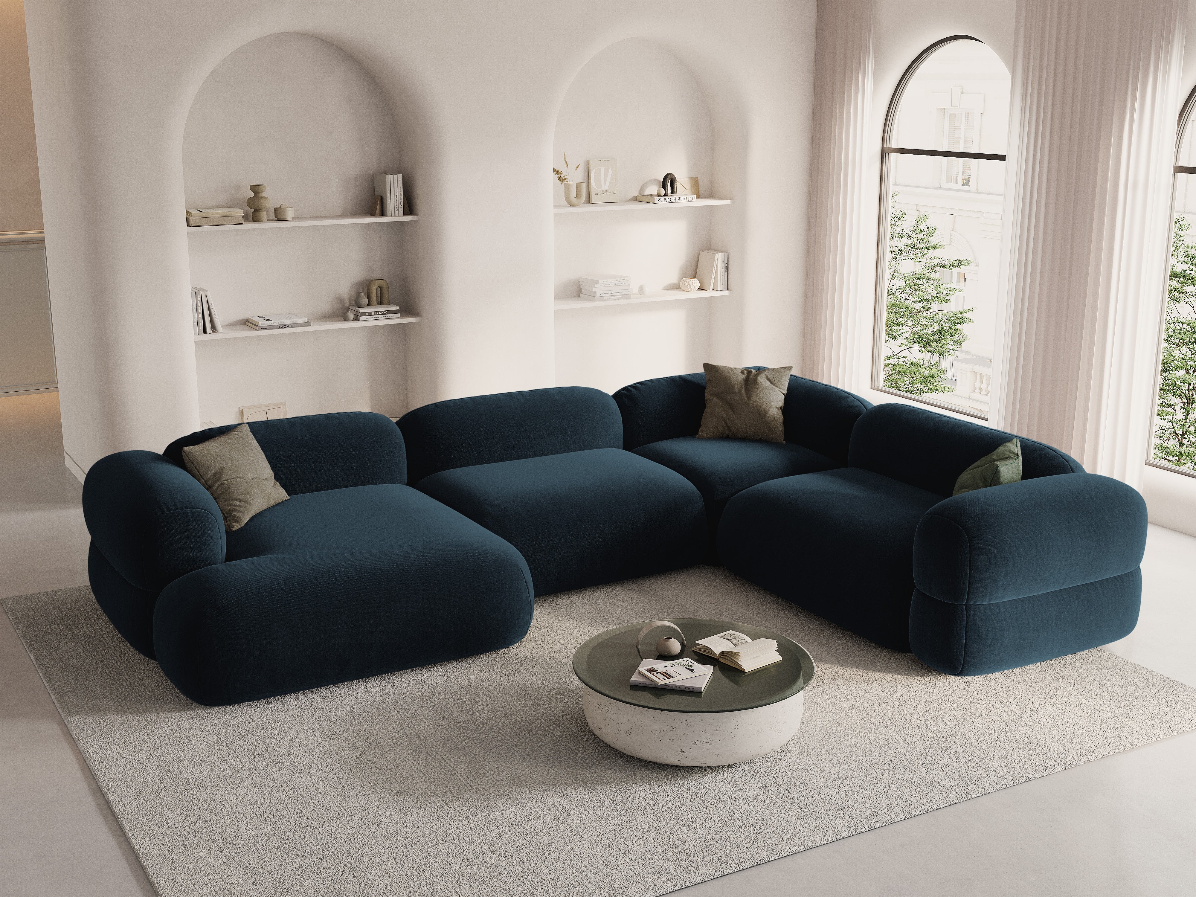 Samt-U-Form-Ecksofa rechts ROGER petrolblau