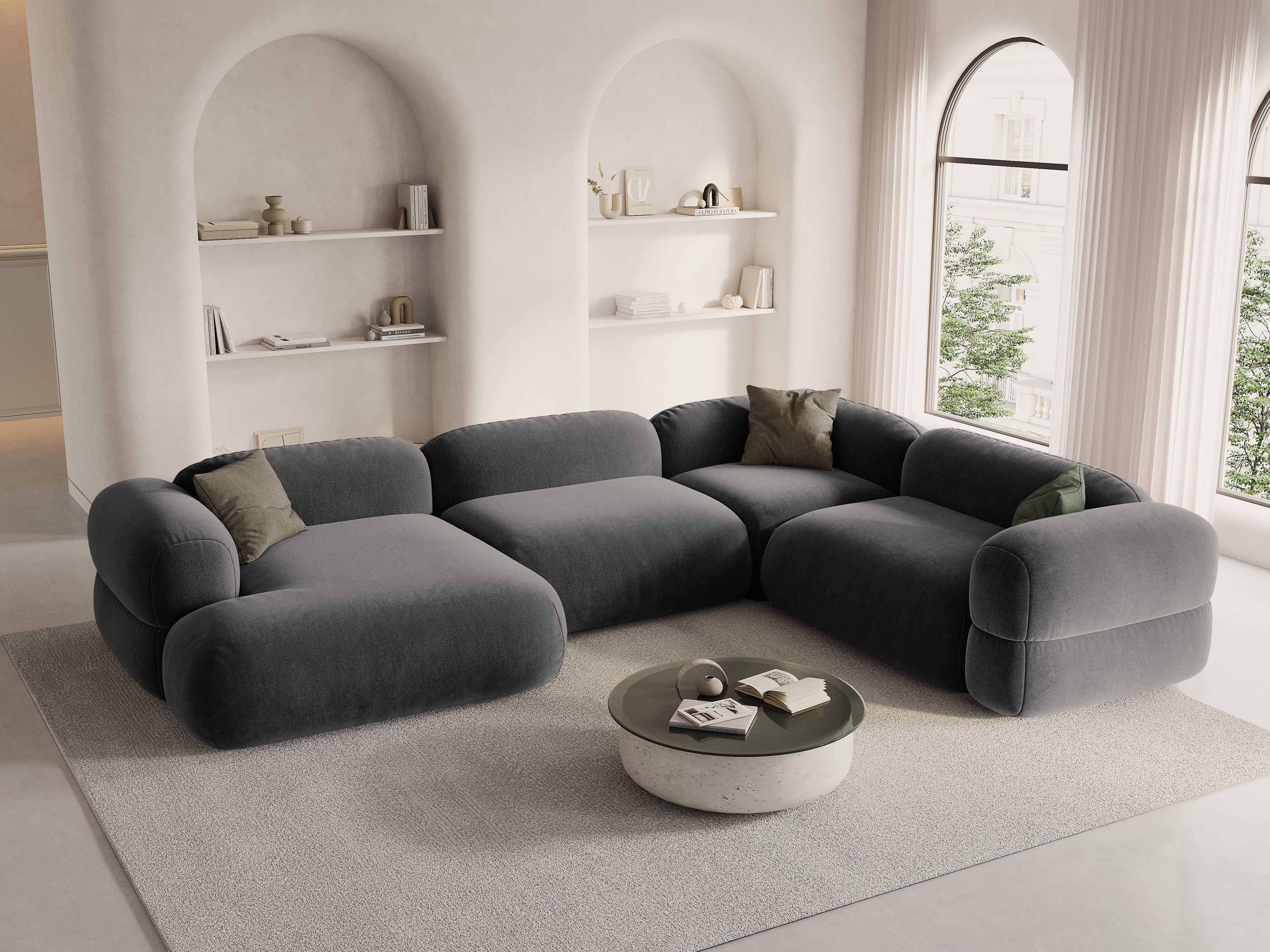 Samt-U-Form-Ecksofa rechts ROGER grau