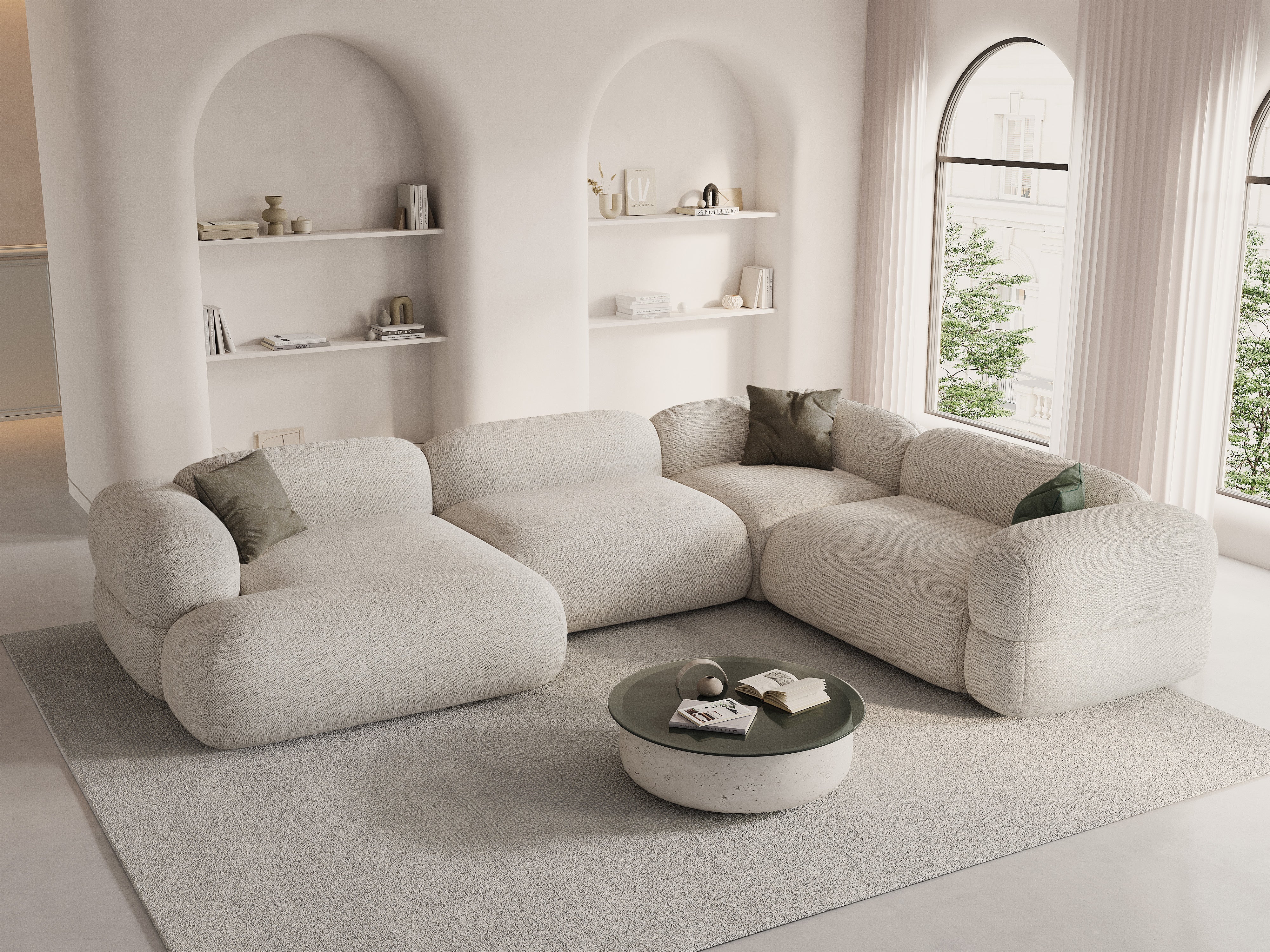 Right-facing U-shaped corner sofa ROGER beige chenille