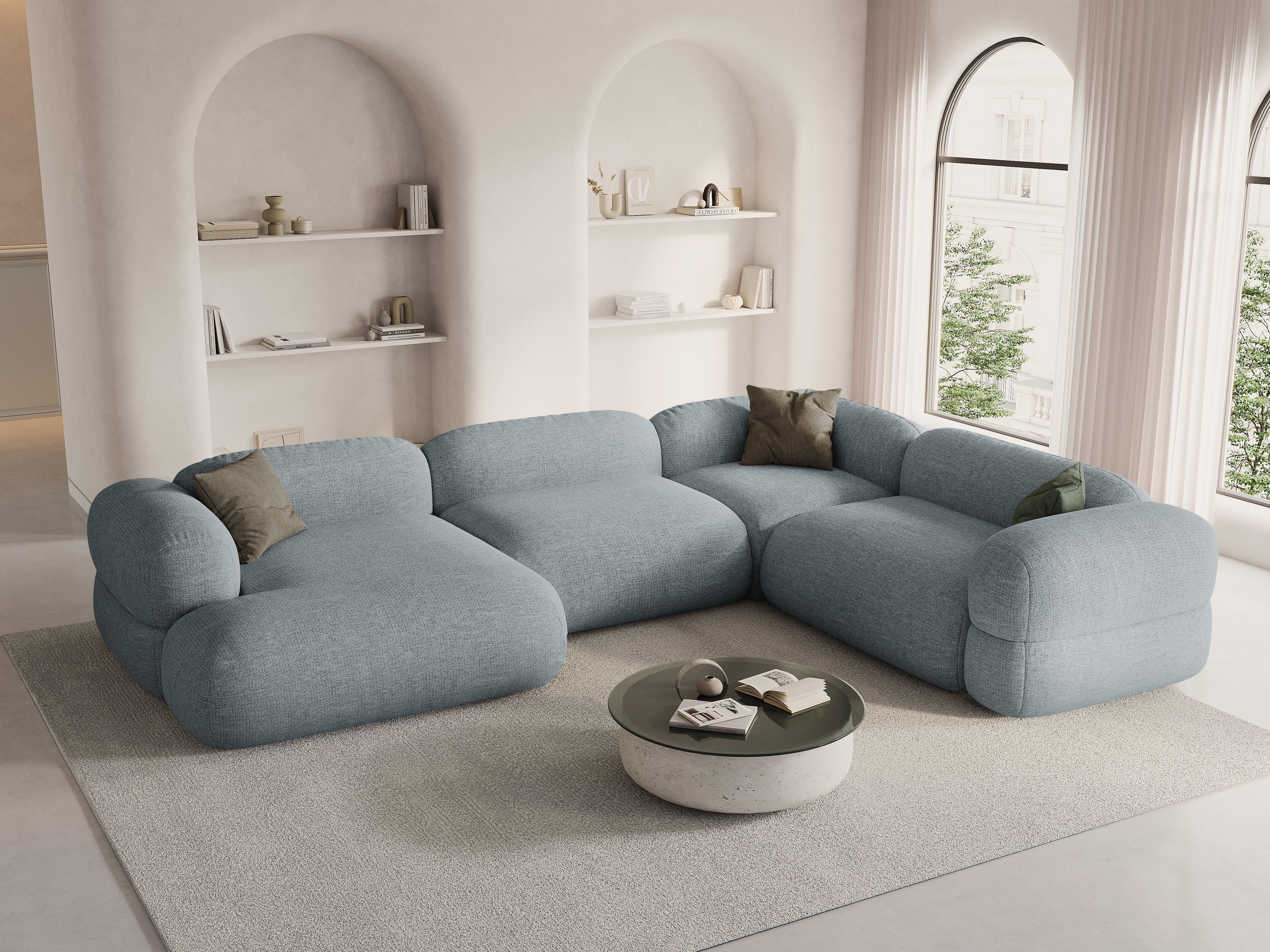 U-förmiger Ecksofa rechts ROGER himmelblauer Chenille