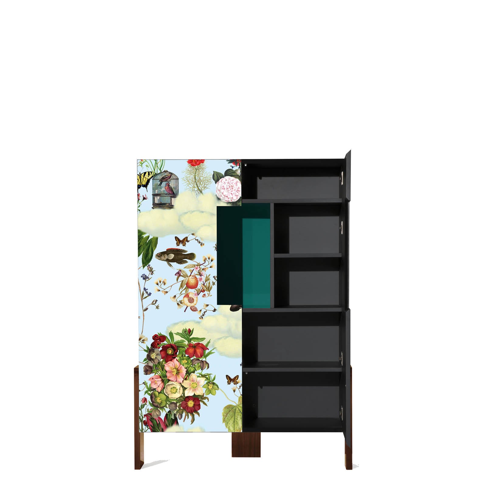 Blue ZiQQurat bookcase with a nutty base